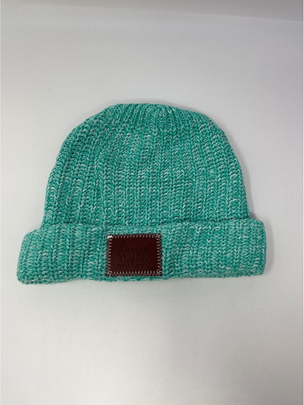 Love Your Melon Teal White Knit Beanie Hat Leather Logo Patch Cuffed Unisex OS